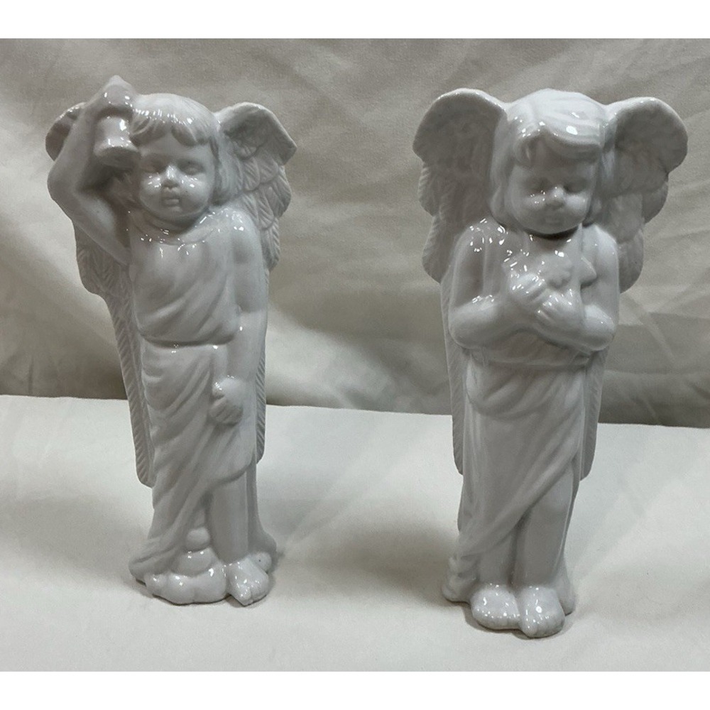 Pair, White Porcelain Angel Figurines 8.5" Praying Guardian Angel Made In China